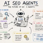 AI SEO agent workflow showing keyword research, SEO strategy, content optimization, automation, monitoring, and continuous improvement
