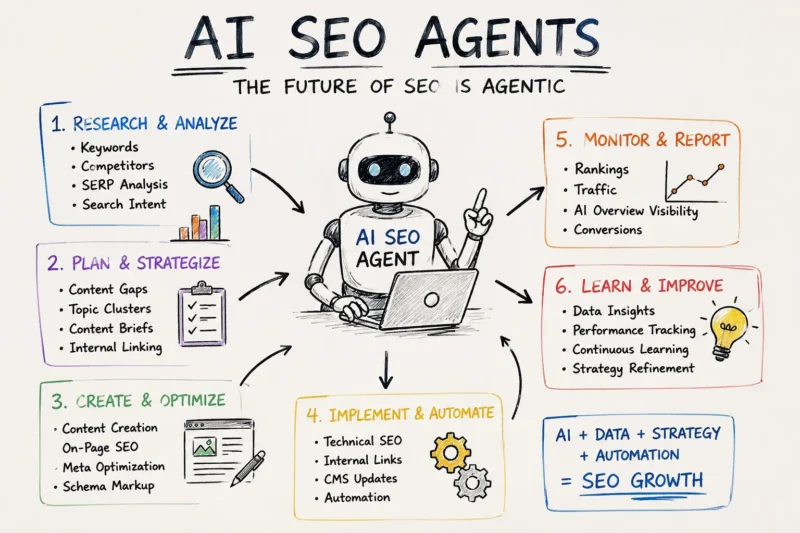 AI SEO agent workflow showing keyword research, SEO strategy, content optimization, automation, monitoring, and continuous improvement